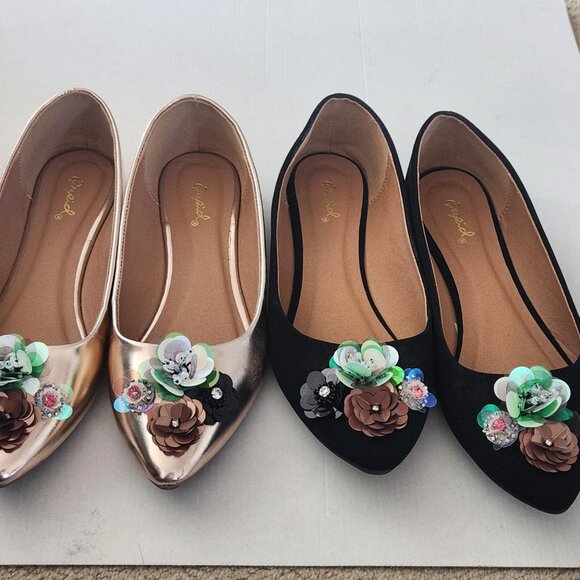 2 pair Rose Gold and Black Floral Flats - Picture 1 of 7